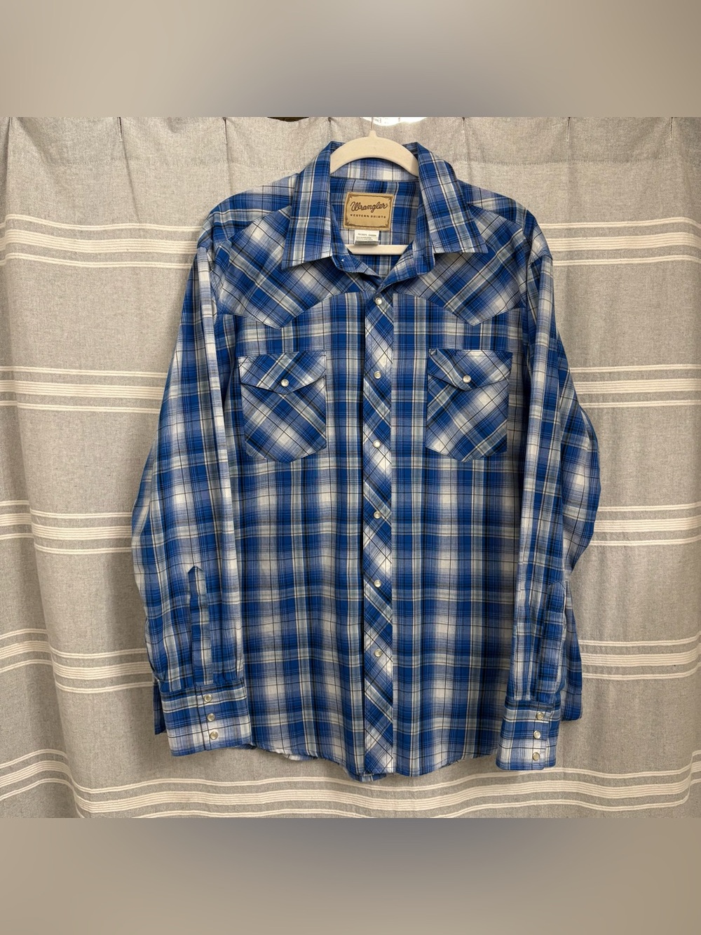 Wrangle Men's Blue & White Plaid Long Sleeve Pearl Snap Western Shirt Size XL
